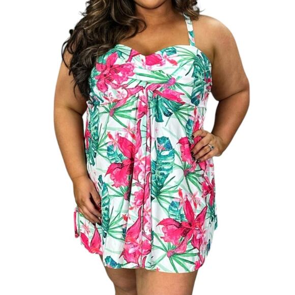 Nicole Miller‎ Floral Twisted Bandeau Swim Dress Suit Plus Size 2X 3X New - Picture 1 of 10
